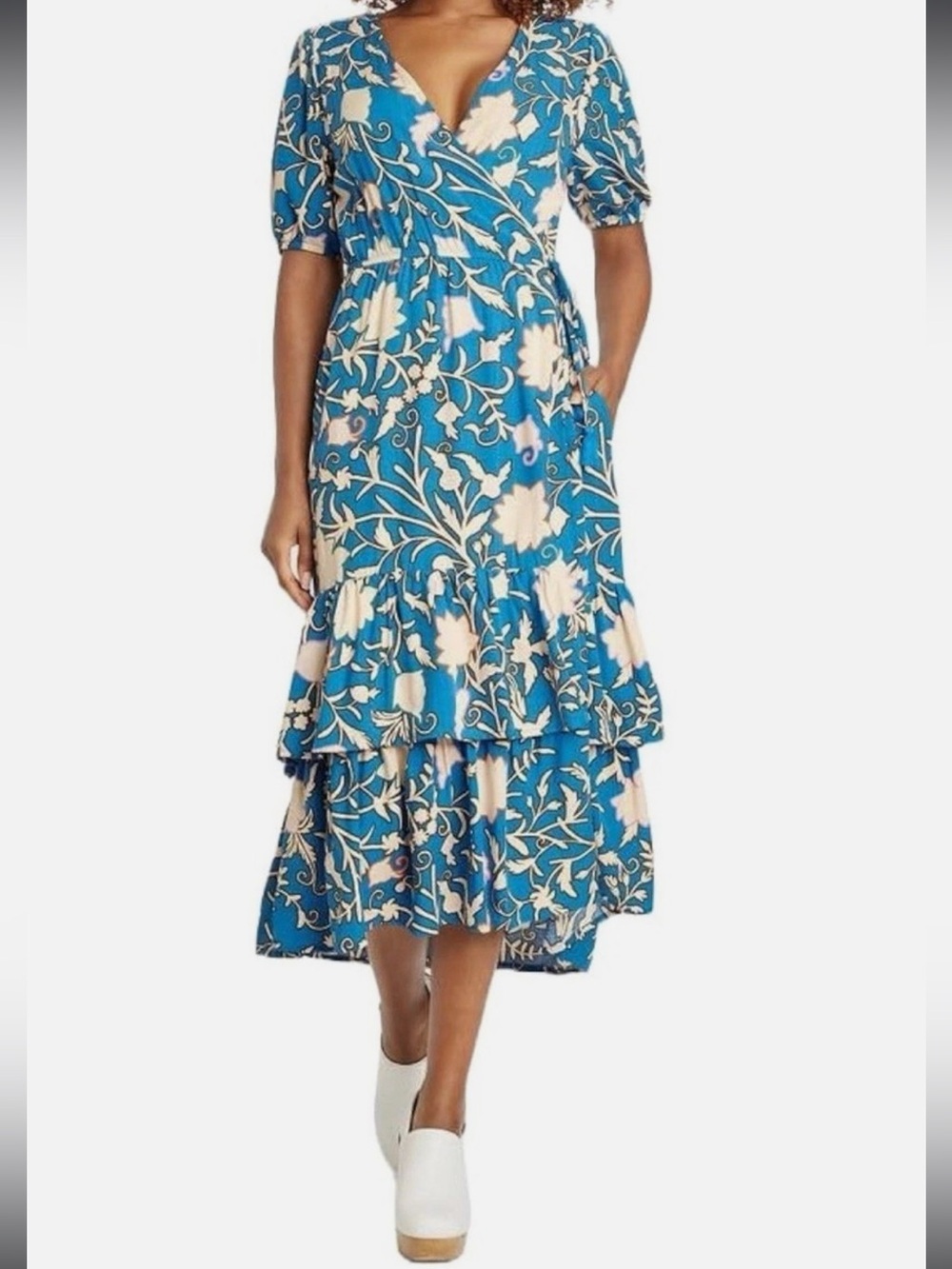 KNOX ROSE NWT Blue Floral Wrap Maxi Dress XL Tiered Summer Boho with Pockets